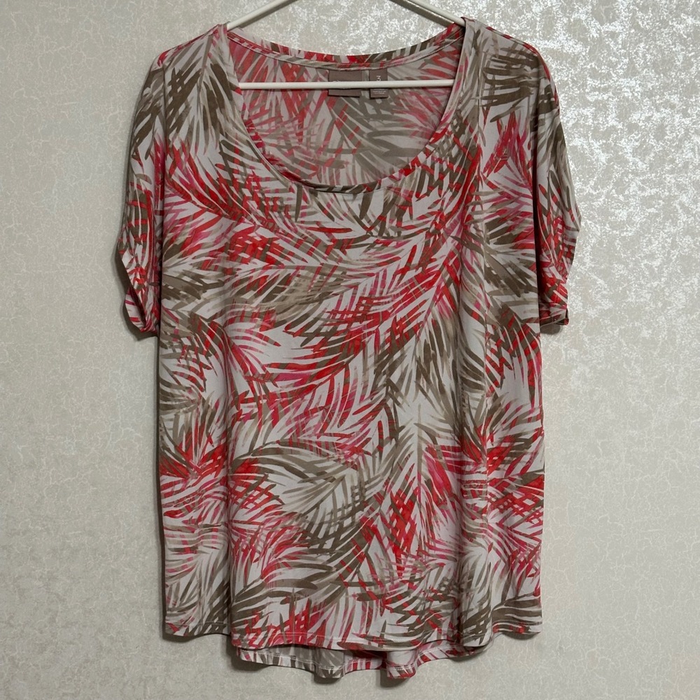 Chico's Tropical Palm Leaf Print Scoop Neck Top Pink Coral Khaki Casual Sz 3 XL